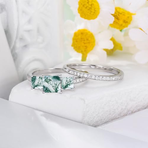 3 Stone Princess Cut Natural Moss Agate Ring Set for Women 1-1/2 Carat(ctw) Green Natural Moss Agate Wedding Ring Set Bridal Ring Set 925 Sterling Silver 10K 14K 18K Gold4