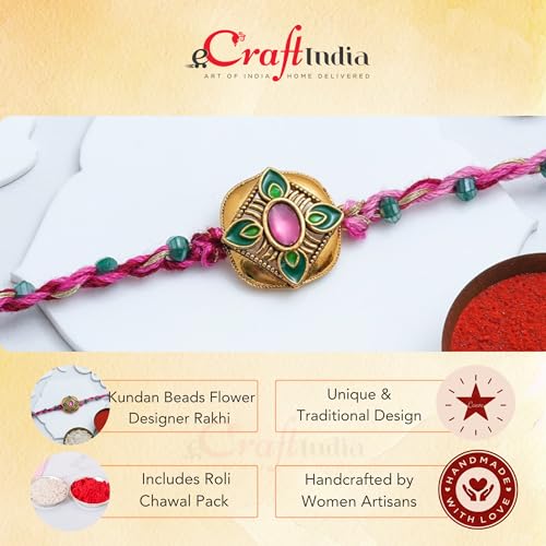 Image of eCraftIndia Kundan Beads Flower Designer Rakhi for Brother Bhaiya Bhai with Best Bro Ever Fridge Magnet | Roli Chawal Pack