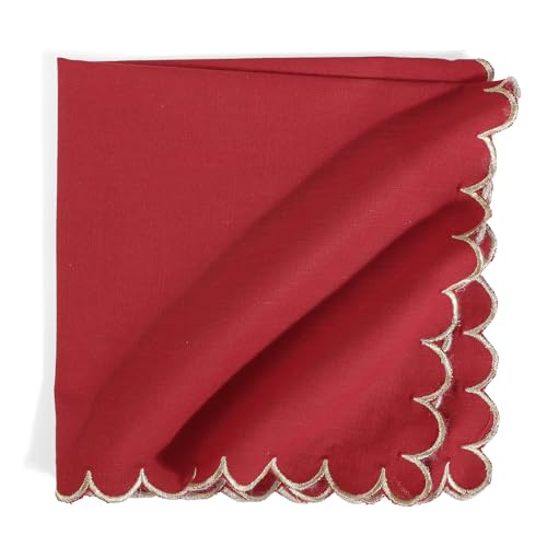 Image of FINGERCRAFT Scallop Edge Cloth Napkins Red with Golden Zari | Set of 6 | 20x20 Inches | 100% Cotton | Table Napkins for Any Occasion | Washable, Perfect for Parties and Everyday Use