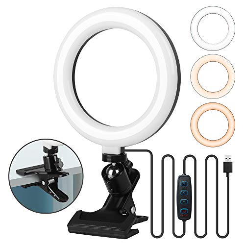 LEDリングライト クリップ式 撮影照明用ライト 高輝度 自撮リングライト 360度回転 卓上ライト 自撮り補光 ビデオカメラ撮影 3色モード 10段階調光 照明ライト 6.3インチ WEB会議/生放送/美容化粧/Facetime/YouTube/Tik Tok に対応 操作簡単 LEDビデオライト