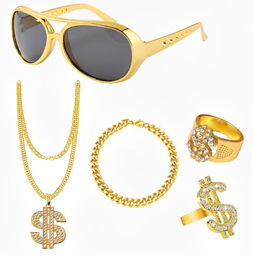 GegXcn 5pcs Hip Hop Costume Kit, 80s/90s Retro Hip Hop Fancy Dress Accessories for Kids & Adults, Fake Gold Chain Necklace, Bracelet, Hip Hop Ring, and Retro Sunglasses for Disco Rapper Outfit