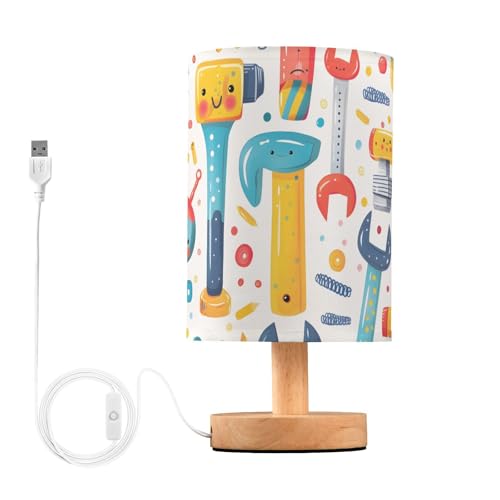 ALAZA Tools Screwdriver Cute Doodles Lamp for Girls Boys Bedroom Bedside Table Lamp with USB Port LED Kids Nightstand Lamp Wood Base Desk Living Room Decor