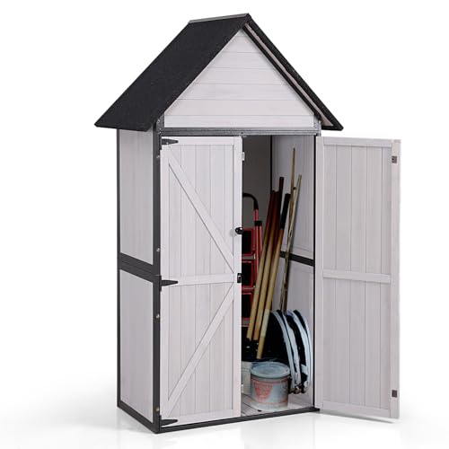 GUTINNEEN Sheds Outdoor Storage Wooden Garden Tool Shed with Metal Frame Sloped Roof and Adjustable 3 Tiers Shelves Outdoor Storage Cabinet for Backyard Garden Patio Lawn 67.1"(Off White) -  AIR7005-A