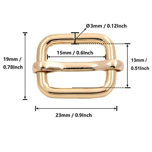 BIKICOCO Metal Slide Adjuster Buckle Tri-Glides with Movable Center Bar, for Straps, 0.6 x 0.51 Inch, Light Gold, Pack of 50