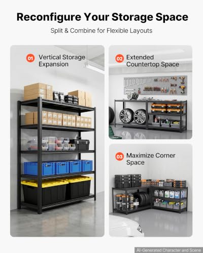 Image of VEVOR Storage Shelves, 5-Tier Adjustable, 3000 lbs Capacity, Heavy Duty Garage Storage Shelving Unit, Metal Utility Rack Shelf, for Garage Workshop Warehouse Basement, 48.43 inch W x 24.53 inch D x 71.38 inch H