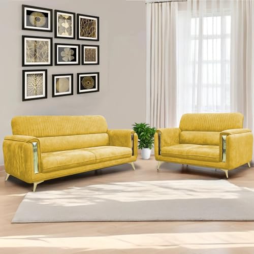 Image of Casaliving Gelio 3+2 Seater Sofa Set for Living Room (Yellow Colour) Premium Fabric Sofa
