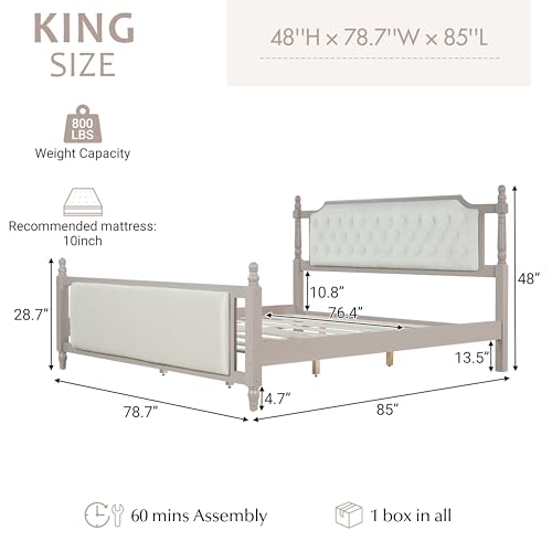 Merax King Size Upholstered Platform Bed with Button Tufted Headboard,Solid Wood Farmhouse Bed with Velvet Headboard and Footboard,No Box Spring Needed,Modern French Country Style for Bedroom,Taupe by Merax - Used condition - Image 2