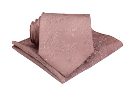 Entwineno Mens Satin Paisley Tie Set : Necktie and Pocket Square - Wedding Groomsmen Groom (Dusty Rose Regular Tie)