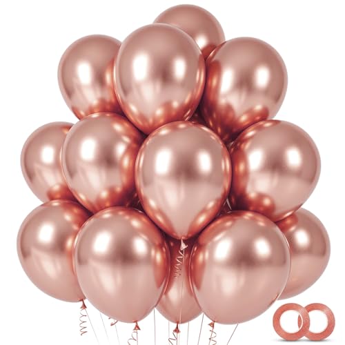 Image of 100pcs Rose Gold Metallic Chrome Balloons 12 inch Rose Gold Latex Round Helium Balloons for Wedding Anniversary Bridal Shower Birthday Party Decorations