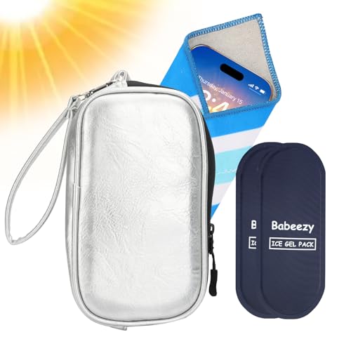 Babeezy Thermal Phone Cooling Pouch for Beach & Pool iPhone Cooling Bag with 2 Reusable Gel Packs Prevent Overheating Water-Resistant Zipper Insulated Faux Leather Phone Cooler Bag for Summer Heat