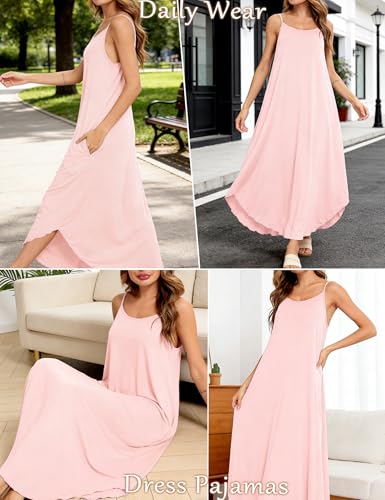 Image of SWOMOG Women Long Nightgown Pajama Dress Soft Strap Nightdress Summer Sleeveless Nightshirt Lounge Dress with Pockets