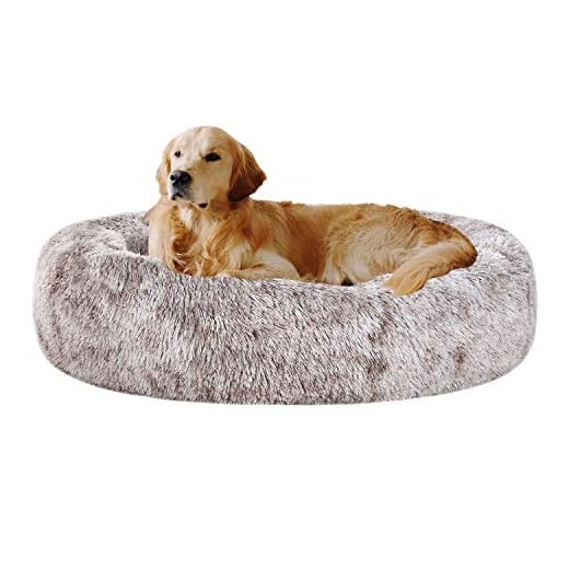 Coohom Oval Calming Donut Cuddler Dog Bed,Shag Faux Fur Cat Bed Washable Round Pillow Pet Bed(30"/36"/43") for Small Medium Dogs (XL(36"x27"x7"),Light Brown)