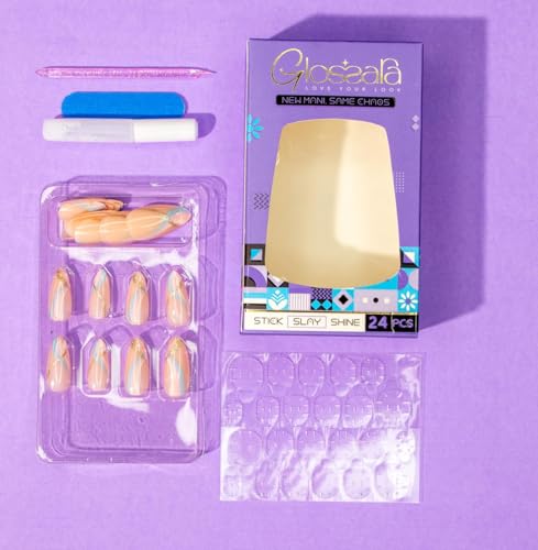 Image of Nude Almond Shape Press-On Nails For Women And Girls | 24 Reusable False Nail Extensions With 24 Gel Glue Tabs | Stick-On Manicure Kit For Parties, Weddings And Gifts