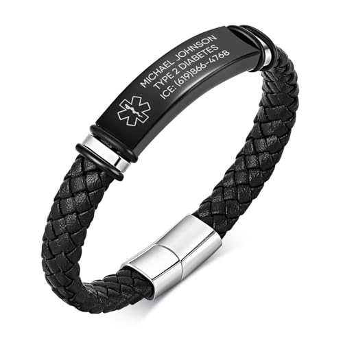 MEALGUET Medical Alert ID Bracelet for Men - Customized Leather Strap Stainless Steel Emergency Identification Bracelet with Clasp, Personalized Medic ID Bracelet for Diabetic Allergy Blood Thinner