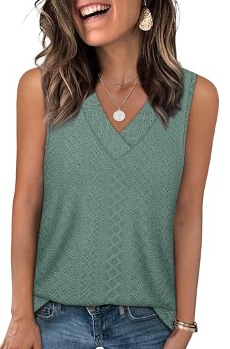 WIHOLL Tank Top for Women Summer Outfits V Neck T Shirts Trendy Eyelet Sleeveless Basic Beach Vacation Clothes