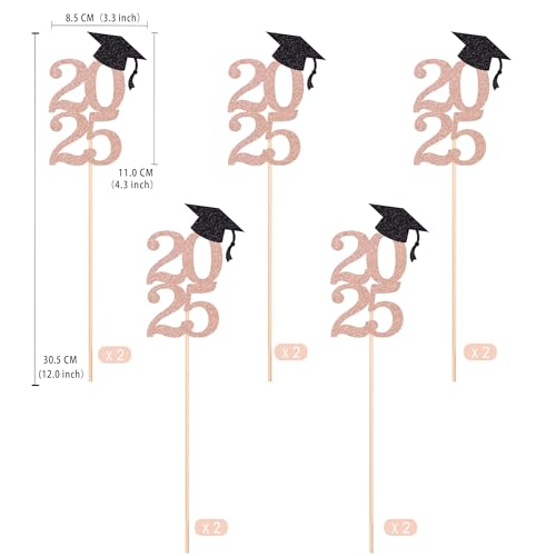 Image of Class of 2025 Graduation Decoration Centerpieces for Table, 2025 Party Centerpieces Grad Cap Sticks Party Supplies, Graduation Party Decoration Toppeers (10 PCS, Rose Gold & Black)