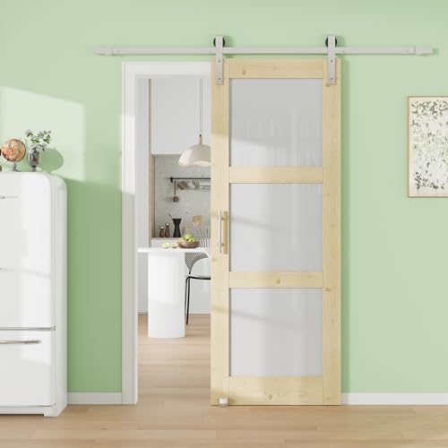 Image of 32 inch x 80 inch Presembled Barn Door with 72 inch Track Kit, Top Clear Glass Bottom MDF Solid Core Panel Sliding Barn Doors for Closet Kitchen Bedroom Pantry, Nickel-Plated Hardware Kit, Easy to Install