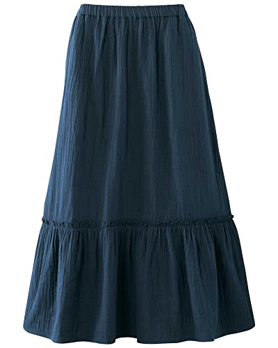National Women's Flowy Pull-On Layla Crinkle Cotton Skirt Elastic Waist Pockets Ruffle Bottom, True Navy, Petite Medium #TOP24
