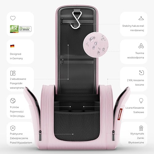 Travelaner® Kosmetyczka DESIGN 2026, XXL Wisząca Kosmetyczka Podróżna 3w1, Pojemność 9 Litrów, dla Kobiet i Mężczyzn, Duża Torba Toaletowa, Różowy