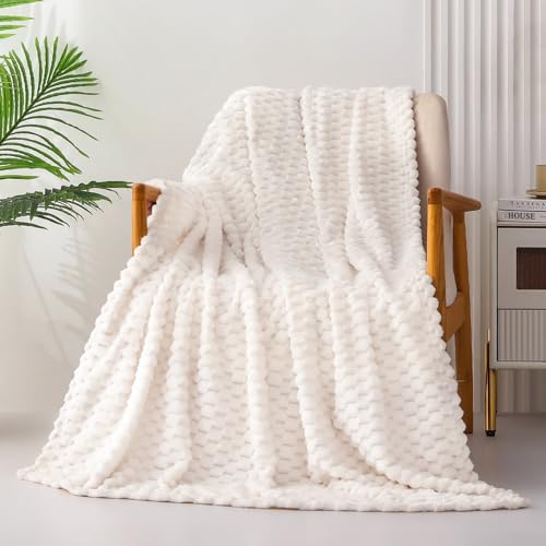 Exclusivo Mezcla Extra Large Fleece Throw Blanket for Couch, 50x70 Inches Stylish Jacquard Soft Throw Blanket, Fuzzy Cozy Lightweight for All Season, Ivory - Image 3