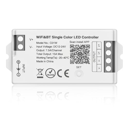 BTF-LIGHTING C01W Monochrome 2.4 GHz WiFi Single Color LED Strip Controller Dim Brightness Group Control Compatible with Alexa Google Home APP Control Work with WR02RF RC01RFB Remote