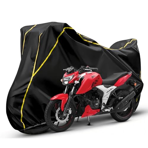 Image of Waterproof Bike Body Cover Compatible with Tvs Apache RTR 160 Dustproof Scratchproof - Motorcycle Cover for Two Wheeler, Outdoor Full Cover with UV, Duty, Rain Protection (Black & Yellow) R1