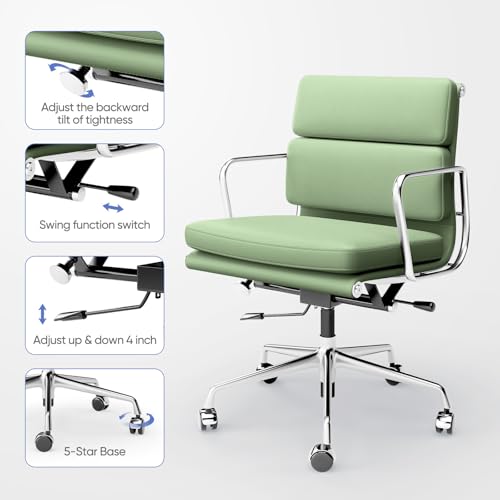 Image of Genuine Leather Office Chair, Padded Mid Back Ergonomic Executive Desk Chair with Aluminum Arm Rest and Base, Swivel Wheels with Lumbar Support & Tilting Function, Hight Adjustable, Light Green