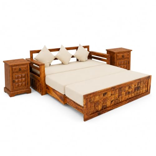 Image of SONA ART & CRAFTS Diamond Sheesham Wood Sofa Cum Bed with Bedside | 3 Seater with Storage and Side Pockets for Living Room Organizer Furniture Sofa Bed Home, Bedroom (Natural Finish)