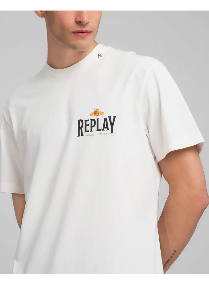 REPLAY Męski t-shirt z bawełny o luźnym kroju, 011 Natural White, XL