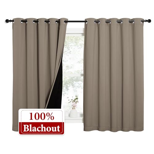 Image of NICETOWN 100% Blackout Curtains with Black Liners, Thermal Insulated Full Blackout 2-Layer Lined Drapes, Energy Efficiency Window Draperies for Bedroom (Taupe, 2 Panels, 62-inch W by 63-inch L)