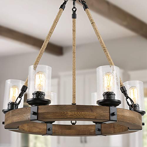 LALUZ Farmhouse Chandelier, Wagon Wheel Chandelier, 6-Light Kitchen Island Lighting with Seeded Glass Shade for Dining Room, Kitchen, Living Room