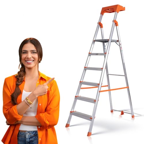 Image of PROHOME Aluminium Ladder for Home 6 Steps Foldable with Tool Tray & Anti-Skid Wide Steps | 6 Step Ladder for Home Use, Kitchen & Household | 250 Kg Capacity Folding Ladder | 5 Year Warranty (Orange)