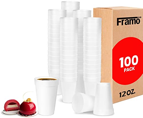 Framo 12 Oz Foam Cups (100 Pack) Lightweight Insulated Foam Cups for Coffee, Cold Drinks & Other Hot Beverages - Disposable Drinking Cups for Parties, Picnic, BBQ, Travel, & Events