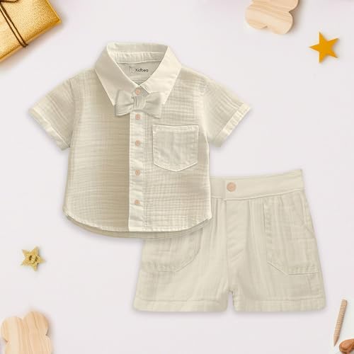 Image of Kidbea Organic Cotton Shirt & Pant Co-ord Set for Kids | Elegant & Comfortable Summer Wear | Stylish Half Sleeve Shirt with Bow & Comfy Shorts