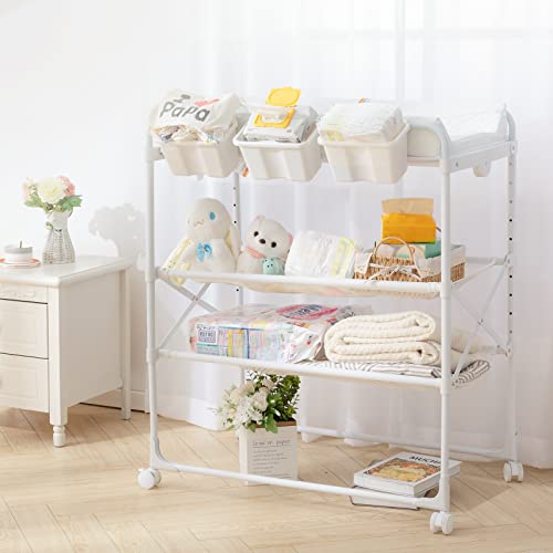 White Portable Changing Table, Baby Changing Station Foldable Baby Changing Table Dresser with Storage, Adjustable Height Waterproof Folding Mobile Diaper Station Pad with Wheels for Infant Nursery White Portable Changing Table, Baby Changing Station Foldable Baby Changing Table Dresser with Storage, Adjustable Height Waterproof Folding Mobile Diaper Station Pad with Wheels for Infant Nursery