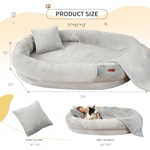 Image of Fvkind Human Dog Bed for Adult, Human Sized Dog Bed, 71 inchx51 inchx12 inch, Grey