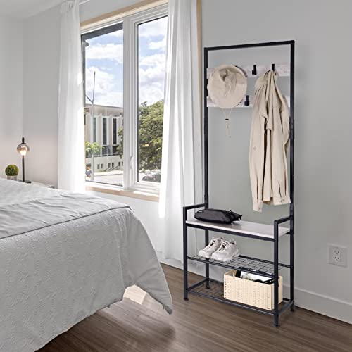 HOMEKOKO Coat Rack Shoe Bench, Hall Tree Entryway Storage Bench, Wood Look Accent Furniture with Metal Frame, 3-in-1 Design