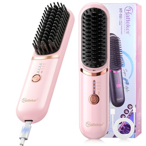 Image of Hatteker Cordless Hair Straightener Brush, Portable Hair Brush for Travel