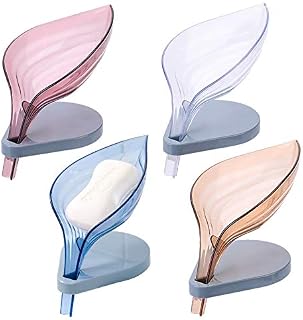 4 Pcs Leaf Shape Soap Holder,Self Draining Soap Dish With with Suction Cups,Decorative Soap Box for Shower Bathroom Kitchen