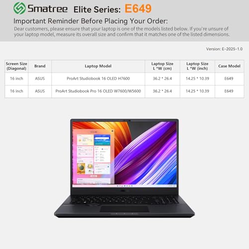 Image of Smatree Laptop Sleeve for 16 inch ASUS ProArt Studiobook 16 OLED H7600 /W7600 /W5600, Protective Laptop Case with Accessory Pocket, YKK Zipper, Patented Super-Corner Design(E649)