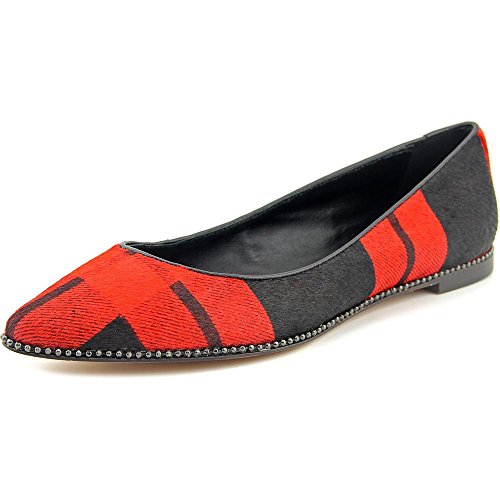 Coach Reeves Plaid Haircalf Flat (6) Black/Red #TOP11