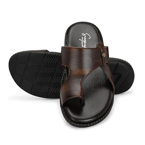 Image of Men's Leather Look Stylish Slippers with Toe Ring for Diwali, Festive & Ethnic Wear | Premium Synthetic Leather Chappals with Cushioned Footbed & Durable Anti-Slip Sole