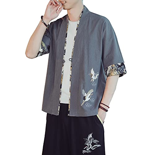Image of PRIJOUHE Men's Kimono Jackets Cardigan Lightweight Casual Cotton Blends Linen Seven Sleeves Open Front Coat Outwear