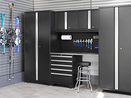 NewAge Products Bold Series Gray 6-Piece Cabinet System, Steel Garage Storage Cabinets, Stainless Steel Worktop with Slatwall & LED Lights, 40427