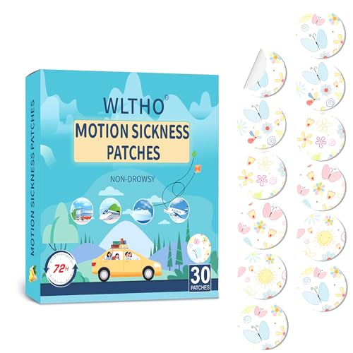 WLTHO 30ct Motion Sickness Patches Non Drowsy, Sea Sickness Patch for Cruise Travel Essentials, Waterproof Patches Behind Ear, Custom Butterfly Pattern, Long Last 72H