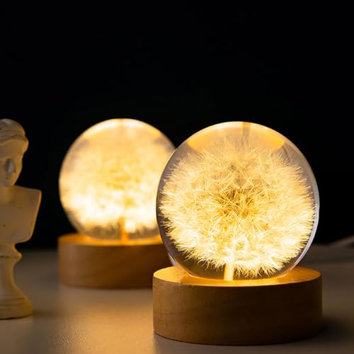 luolety Lampka nocna, kryształowa kula, 6 cm, szklana kula z drewnianą podstawą, podstawa LED, ładowanie USB, wzór kwiatów, lampka nocna ze stojakiem (dmuchawiec)