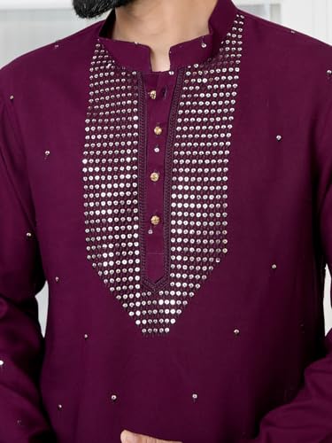 Image of See Designs Men's Full Sleeve Mandarin Collar Sequins Embroidered Chanderi Straight Long Kurta with Yoke Design - Festive Collection