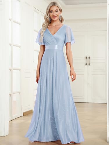 Image of Ever-Pretty Women's Summer Glitter Formal Dresses Evening Gown V Neck Short Sleeves Floor Length Mother of Bride Dress 50159