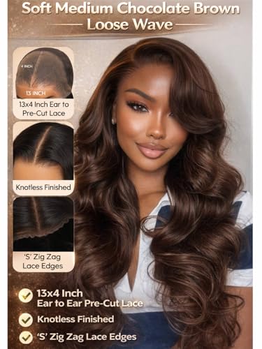 Image of Beauty Forever Pre Everything Medium Chocolate Brown Loose Wave 13x4 Lace Front Human Hair Wig Pre Plucked Pre Cut Face Framing Layers Glueless Drawstring Wear and Go Wigs 150% Density 22inch