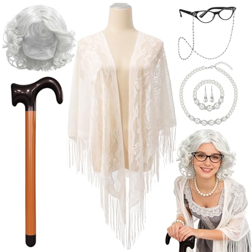 Lrrtdepy Old Lady Costume Set for Women Granny Fancy Dress with Silver Curly Wig Glasses Pearl Jewelry Lace Shawl Inflatable Cane for Halloween Cosplay Party Grandma Dress Up Accessories